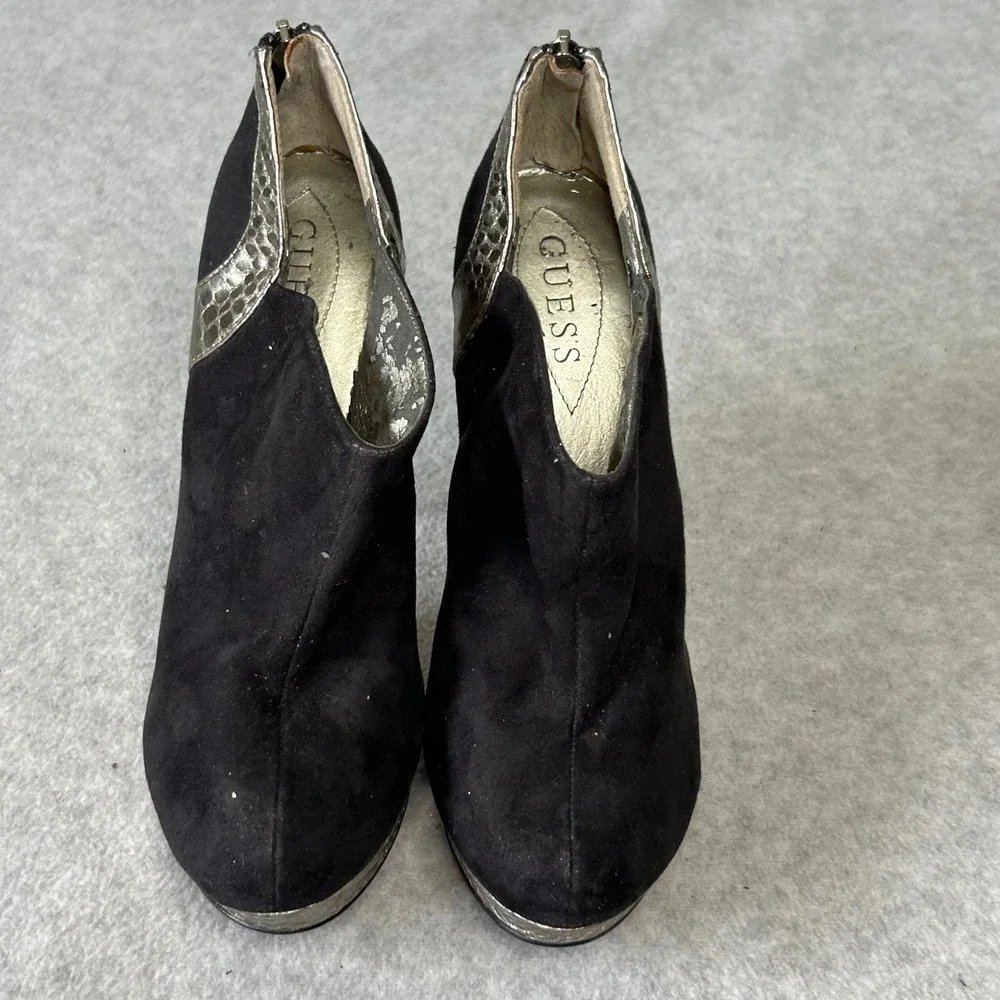 Vintage Guess Black Suede Ankle Boots Silver Metallic Trim Platform Heels 8M 90s